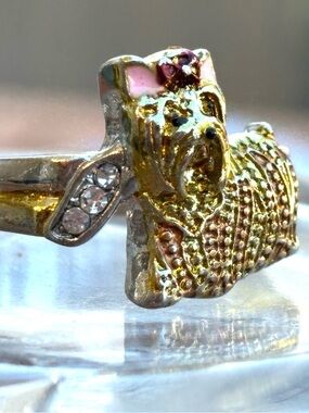 Dog Shaped Gold and silver Tone or plated Ring with Crystal Accents size 10